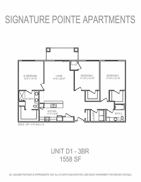 Floor plan for 3 beds, 2 baths, 1558 sqft